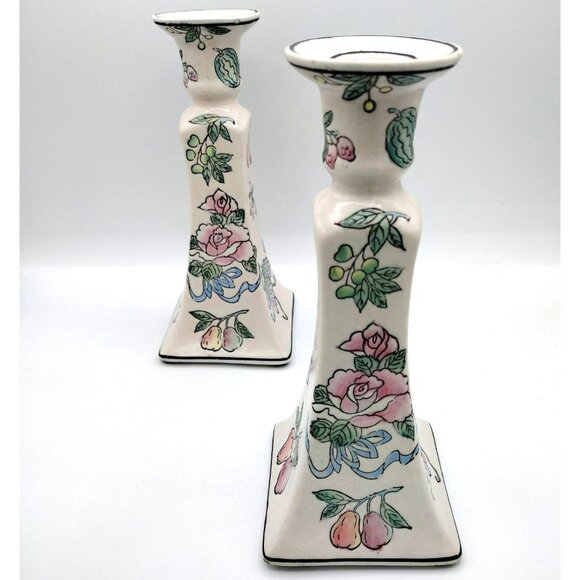 Taper Candle Holders Chinoiserie Hand Painted Vintage Floral Pastel Pair 8.3 In - Picture 4 of 13